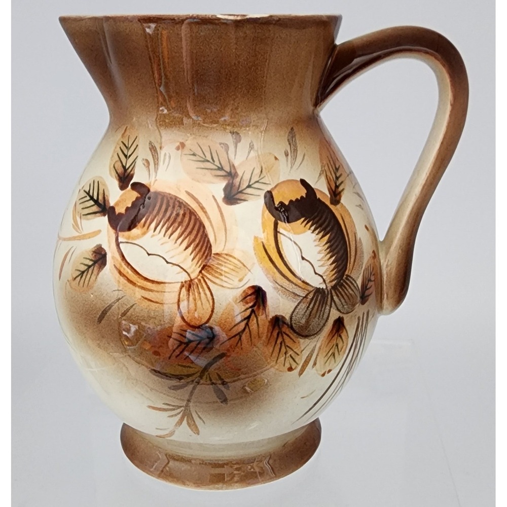 Ucagco Pitcher Hand Painted Japan Brown Floral Vintage Ceramic Jug 7" EUC